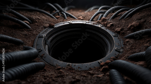 Wallpaper Mural Hole entrance dark circular opening in dirt with black conduit cables surrounding rim, moody low light and texture conveying mystery and tension Torontodigital.ca