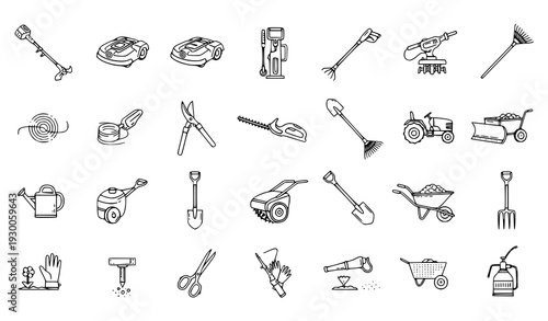 Garden tools thin line editable vector icon set
