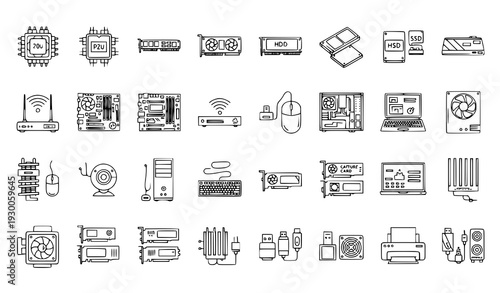 Modern PC hardware thin line editable vector icon pack
