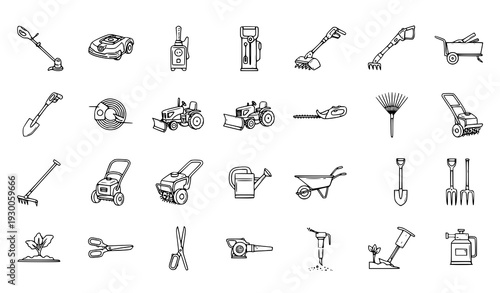 Gardening and landscaping thin line editable vector icon collection