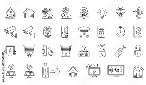 Modern smart home and eco systems thin line editable vector icon pack