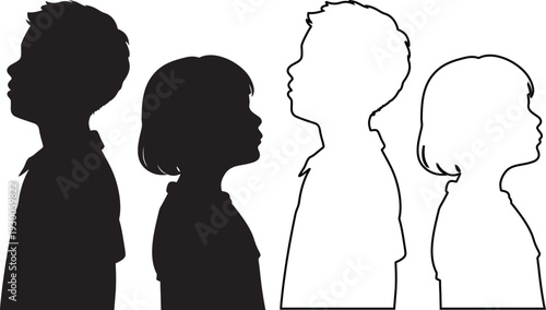 Silhouettes and outlines of two boys and two girls in profile view on a white background
