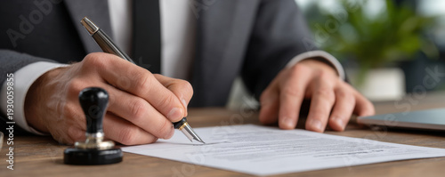Wallpaper Mural Notary public signing and certifying legal document with pen and seal at wooden desk, professional atmosphere and focused detail convey trust and formality Torontodigital.ca