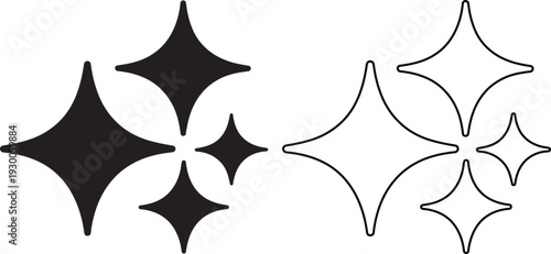 Simple black and outline icons of shiny sparkles on a pristine white background
