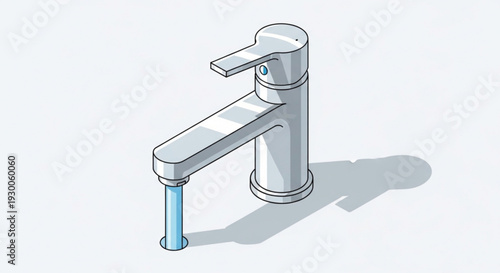 Modern silver faucet with running blue water stream on white background