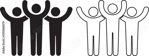 Three people icons standing side by side with arms raised up high as silhouettes and outlines