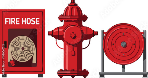 Fire safety equipment set with red fire hose cabinet, hydrant, and hose reel vector illustration isolated on white background for emergency, protection, and safety design