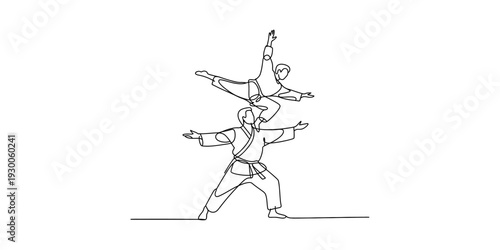 Minimalist one line art of two karate fighters practicing martial arts together on a white background. Vector, illustration