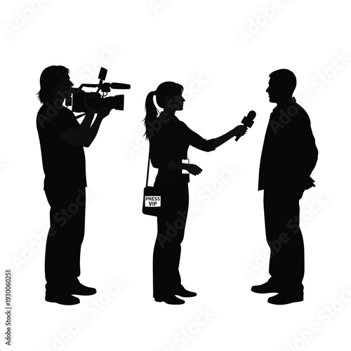 tv reporter interview vector, news crew silhouette, cameraman and journalist illustration, media coverage and press scene