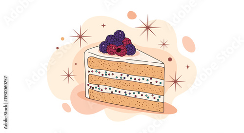 Delicious slice of sponge cake with white frosting and colorful sprinkles, topped with fresh blackberries and raspberries.