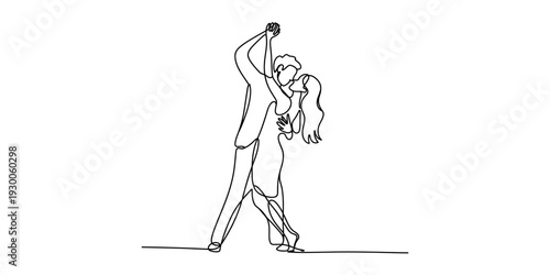 A minimalist one line drawing of a romantic couple dancing together in a formal setting. Vector, illustration