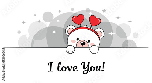 Adorable white bear cub wearing a red headband with two hearts peeks over a white edge with a soft grey bokeh background.