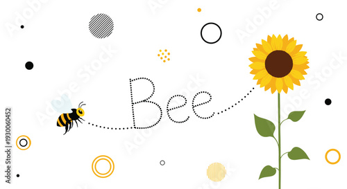 Busy honeybee flies towards a tall sunflower with its flight path traced by a dotted line and the word bee in the center.