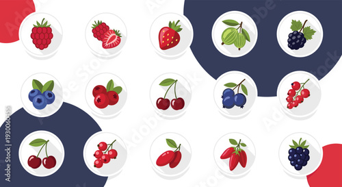 Grid of colorful berry icons in circular frames including raspberries, strawberries, blueberries, and currants on a patterned background.