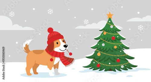 Cute puppy wearing a red knitted hat and scarf stands in a snowy winter scene near a beautifully decorated christmas tree.