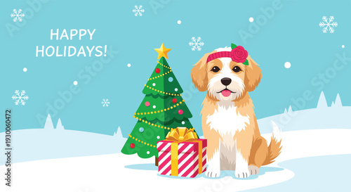 Fluffy dog wearing a pink flower headband sits in the snow next to a decorated christmas tree and a large wrapped gift box.