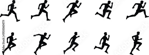 Ten black silhouettes of a male runner in various motion poses on white background Keywords: running, runner, silhouette, motion