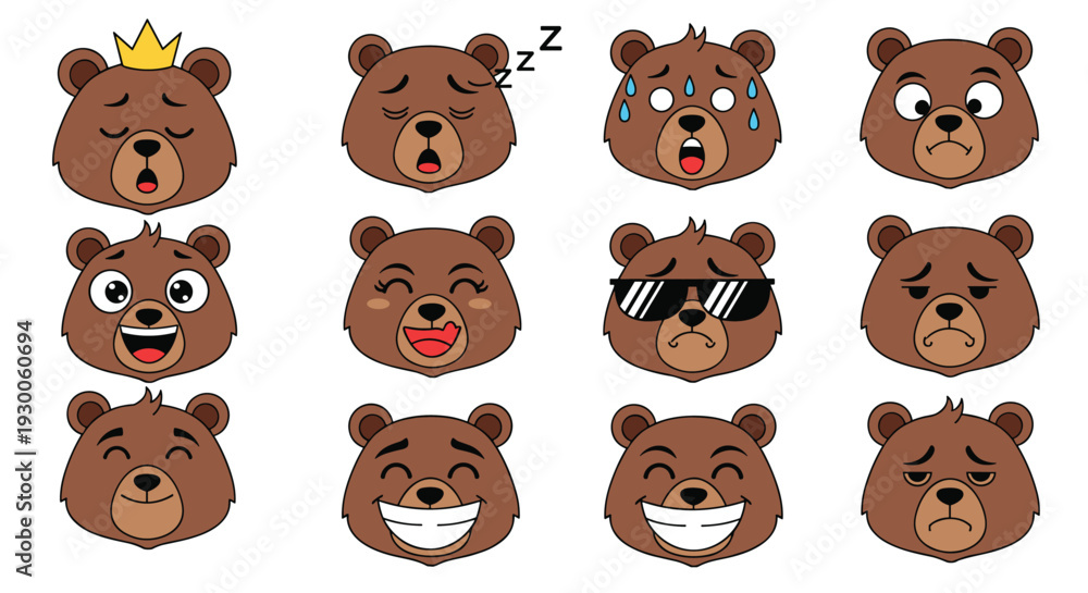 Obraz premium Collection of bear head icons displaying a wide variety of facial expressions and human like emotions for design.