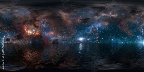 HDRI panoramic view of colorful space nebulae in equirectangular projection for 3D rendering and astronomy visualization