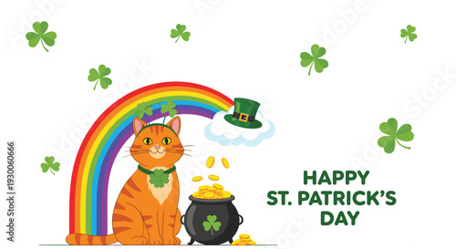 Ginger cat surrounded by shamrocks and a rainbow with a pot of gold for a festive Saint Patrick Day celebration.