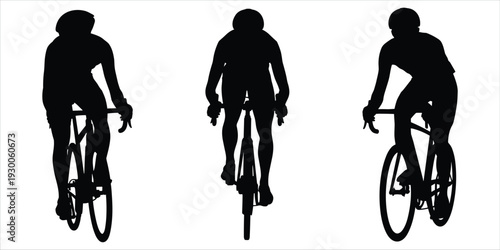 Three Cyclists Silhouettes in Front and Side Views on Bicycles Keywords: silhouette, cyclist, cycling, bicycle, bike, sport