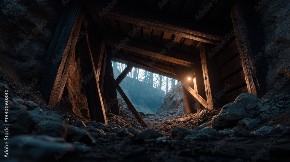 custom made wallpaper toronto digitalOld wooden mine entrance dim light rocky tunnel forest light foggy dusk