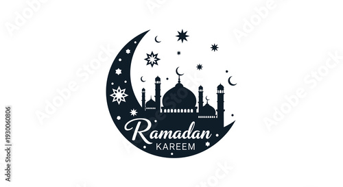 A dark silhouette of a mosque and crescent moon with stars celebrating the islamic month of ramadan silhouette