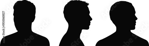 Three Male Head Silhouettes in Profile and Front Facing Views Keywords: silhouette, male, man, head, profile, front, facing
