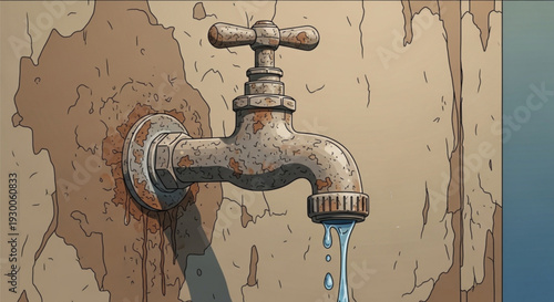 Rusty faucet dripping water on cracked wall with peeling paint in bathroom