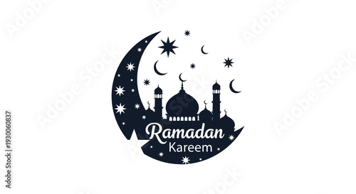 A decorative ramadan kareem design featuring a crescent moon mosque and stars in black silhouette high quality professional