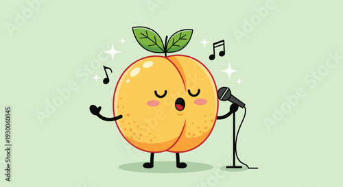 Sweet peach character singing into a microphone with music notes and sparkling stars on a green background.