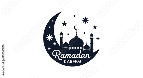 A serene ramadan kareem greeting featuring a crescent moon mosque and stars in silhouette high quality professional detailed