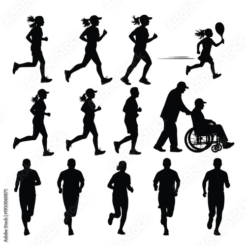 set of paraplegic person as a runner vector, disabled athlete silhouette, adaptive sports and wheelchair racing illustration