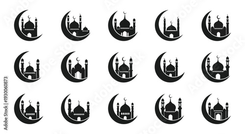 A repeating pattern of black mosque and crescent moon icons evokes islamic themes and tradition silhouette