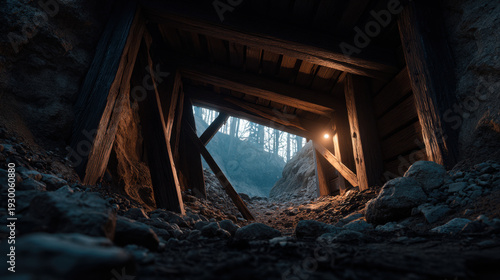 Wallpaper Mural Old wooden mine entrance dim light rocky tunnel forest light foggy dusk Torontodigital.ca