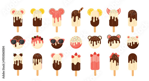 Diverse collection of decorated ice cream bars on sticks with various fruit toppings and fun bear designs.