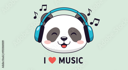 Cute panda character wearing bright blue headphones while listening to music with musical notes on light background.