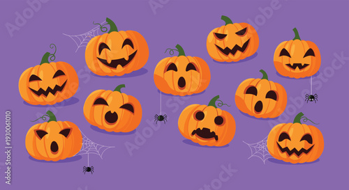 Wide collection of twelve carved jack o lantern pumpkins with various funny and spooky facial expressions for Halloween.