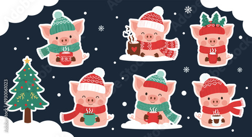 Group of adorable pigs wearing cozy winter scarves and hats while holding hot cocoa mugs in a snowy landscape.