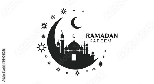 A striking black silhouette depicts a crescent moon mosque and stars celebrating the islamic month of ramadan silhouette