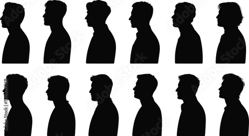 Twelve male head profile silhouettes with varied hairstyles and facial features on white background Keywords: silhouette, male