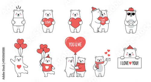 Sweet collection of white polar bear characters expressing love with hearts, letters, and hugs for valentines day.