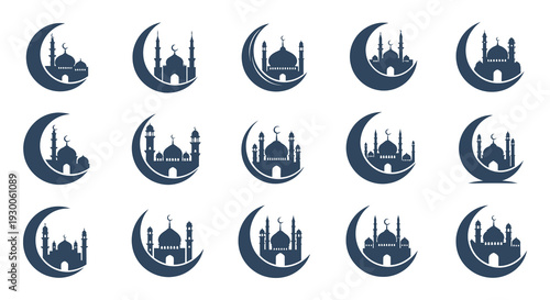 A repeating pattern of islamic mosque and crescent moon designs presented as a dark silhouette high quality professional