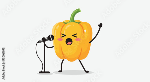 Happy yellow bell pepper character singing into a microphone with closed eyes on a simple light grey background.
