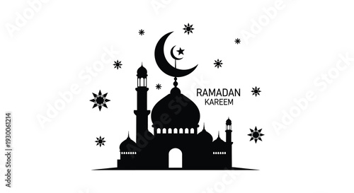 A striking black silhouette of a mosque and crescent moon celebrates the islamic holy month of ramadan silhouette