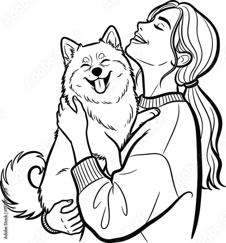 Line drawing of happy woman hugging fluffy dog with tongue out vector illustration