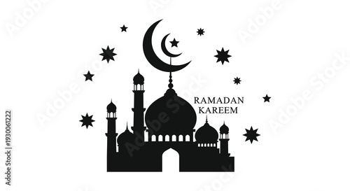 A striking black silhouette of a mosque and crescent moon with stars for ramadan celebrations silhouette high quality