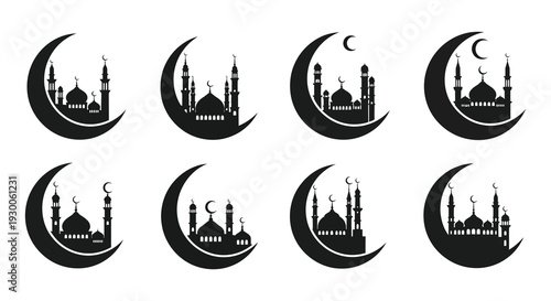 A collection of islamic architectural designs featuring mosques and crescent moons in black silhouette high quality professional detailed