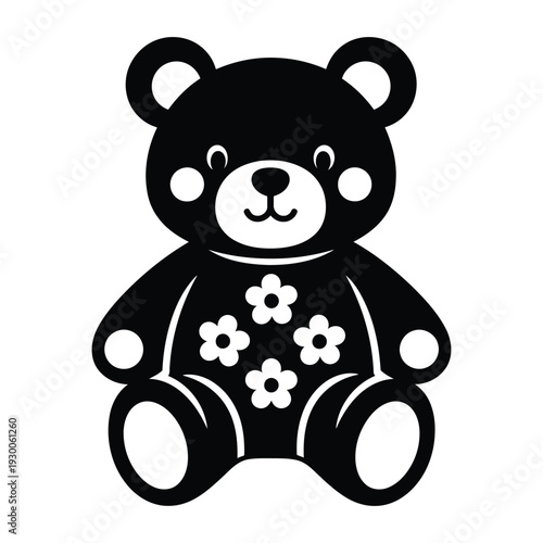 Black and white silhouette icon of a cute teddy bear with flowers vector illustration