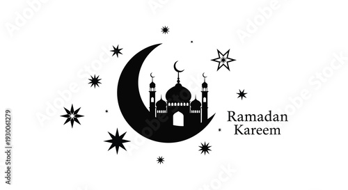 A striking black silhouette of a mosque and crescent moon celebrates the holy month of ramadan silhouette